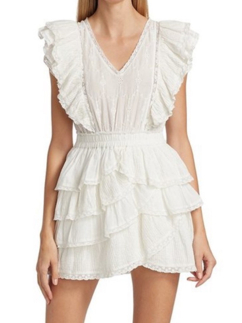 LoveShackFancy || Corelli Ruffled Mini‎ Dress Lace Eyelet White Medium